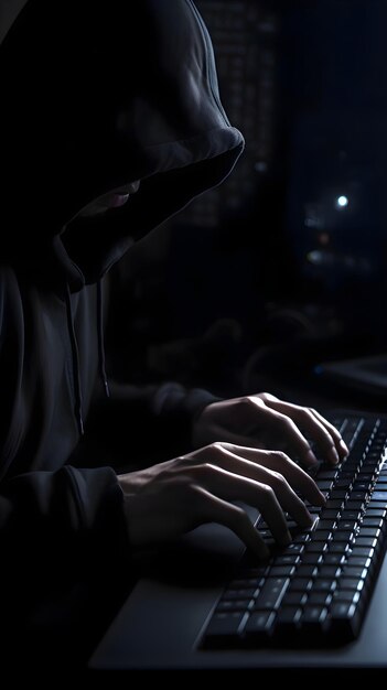 Photo un hacker à la cagoule dans le noir avec un ordinateur sur le clavier