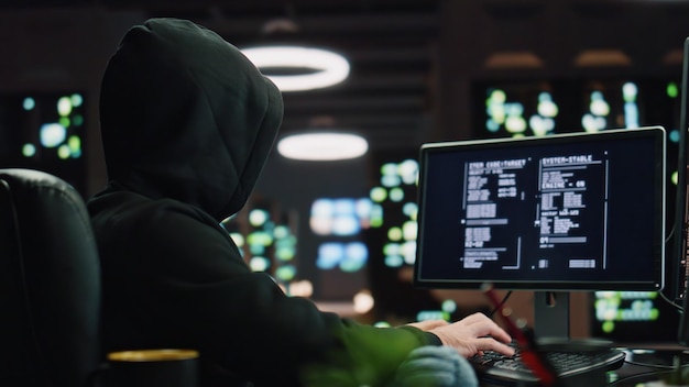 Un hacker à capuche brise des serveurs de données la nuit. Vue rapprochée. Un homme masqué montrant du doigt.