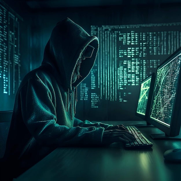 Hacker à capuchon devant un écran d'ordinateur avec code binaire