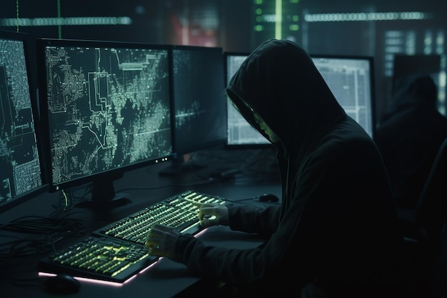 Hacker codage virus ransomware à l'aide d'ordinateurs portables et d'ordinateurs Cyber attaque IA générative