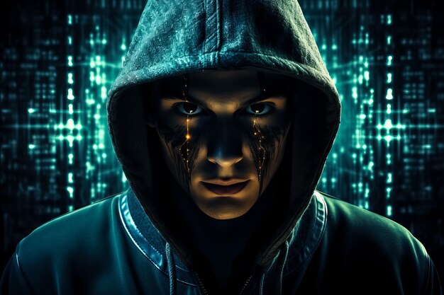 Hacker de cybersécurité avec un visage caché portant un capuchon dans un papier peint sur le thème de la technologie