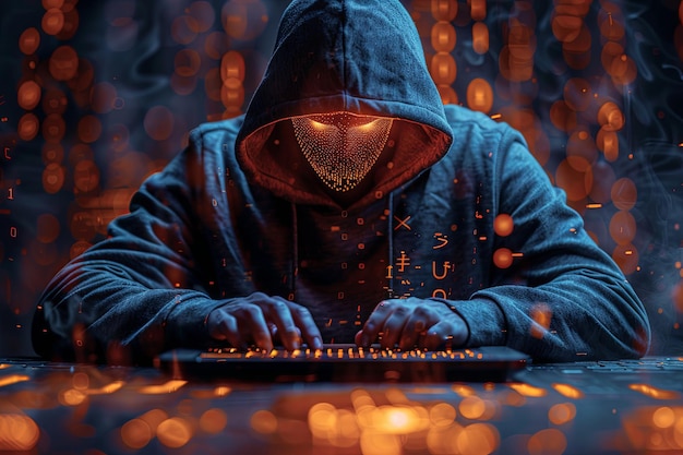 Un hacker dans une capuche bleu foncé est assis à un ordinateur portable face à la caméra avec leur visage caché dans le style