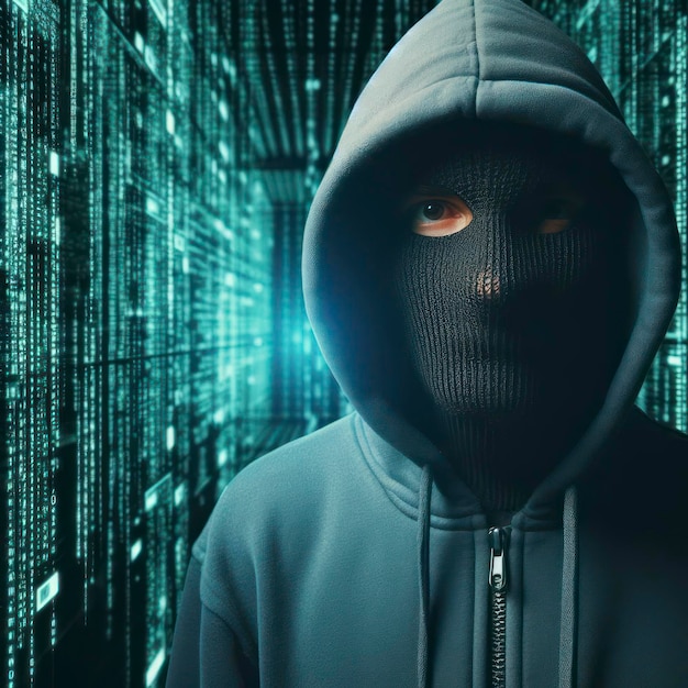 Hacker dans le capuchon devant la matrice un hacker informatique dans le capochon visage sombre flou ai génératif