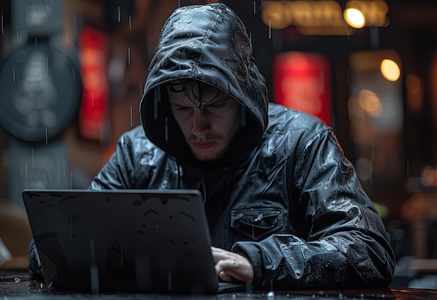 Un hacker dans un capuchon noir assis à une table avec un ordinateur portable sur un fond sombre Soft
