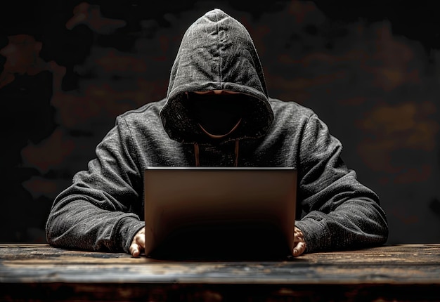 Un hacker dans un capuchon noir assis à une table avec un ordinateur portable sur un fond sombre Soft