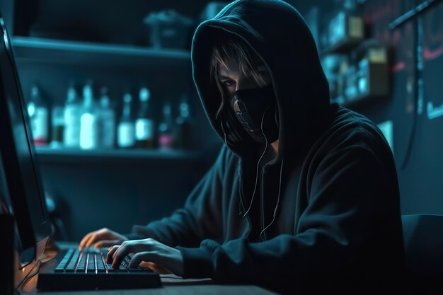 Hacker dans une pièce sombre avec un masque sur son visage