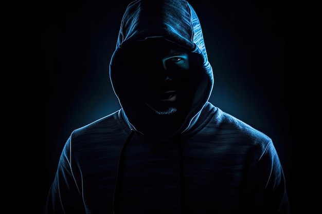Hacker dans la silhouette à capuche dans le noir