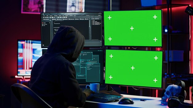 Un hacker développe un logiciel espion sur un ordinateur à écran vert pour voler des données.