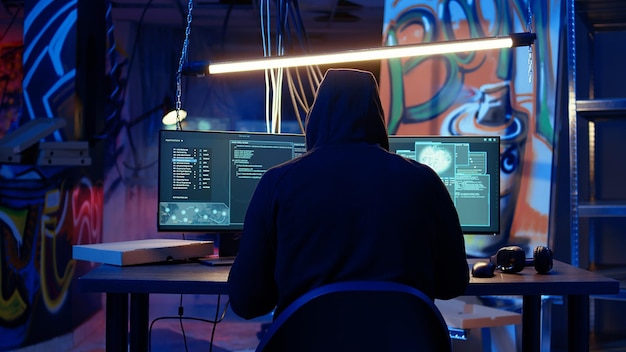 Hacker élaborant un plan de codage de logiciels malveillants conçus pour exploiter le réseau