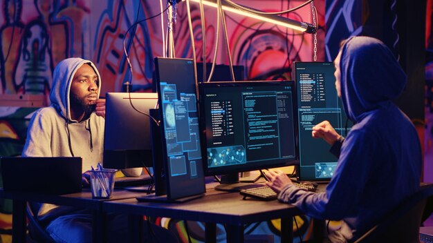 Hacker élaborant un plan de piratage ensemble