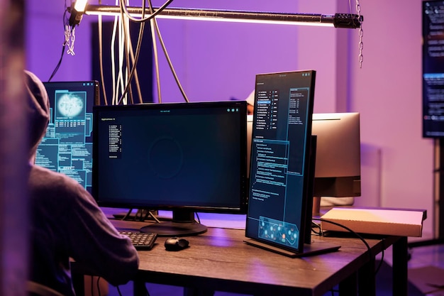 Hacker exécutant un code malveillant et lançant un ransomware sur l'écran de l'ordinateur Criminel travaillant avec des logiciels malveillants illégaux affichés sur plusieurs moniteurs dans une pièce sombre la nuit