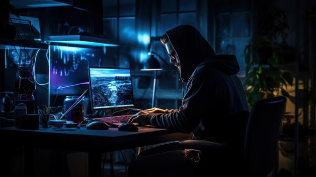 Un hacker en gros plan travaillant dans la pièce sombre.