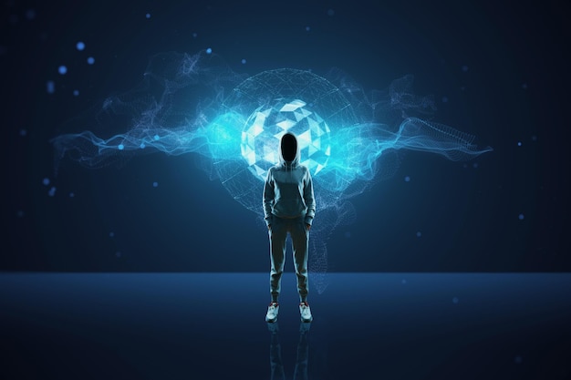 Hacker avec hologramme métaverse brillant créatif sur fond bleu Monde numérique piratage vol de données et futur concept
