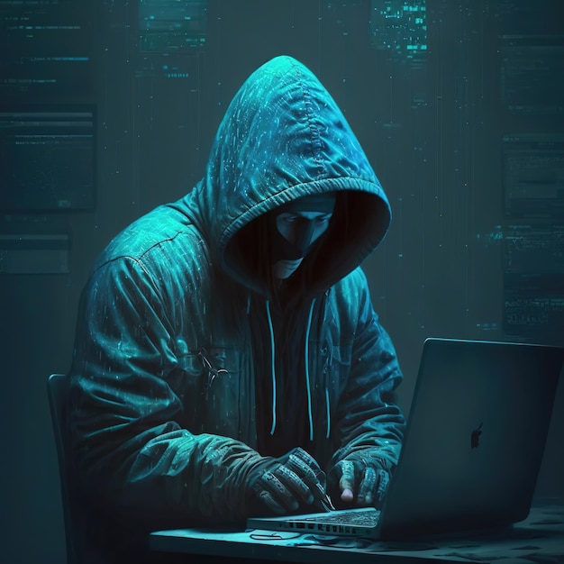 Hacker in hood utilisant internet pour pirater un serveur informatique Blue glow light généré par Ai