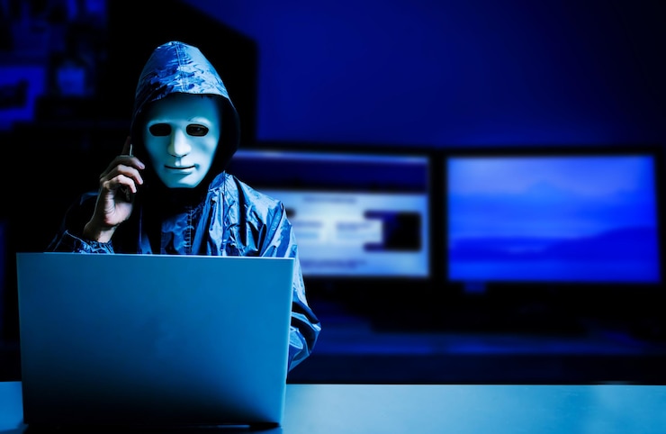 Photo hacker mâle portant un masque tout en utilisant un ordinateur portable à la table dans la chambre noire