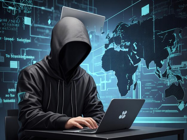 Photo hacker professionnel utilisant un ordinateur portable à table contre un fond sombre