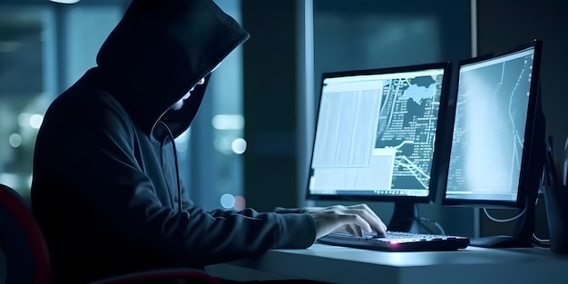 Photo hacker avec sweat à capuche concept de cyberattaque cybercriminalité dark web image générée par l'ia