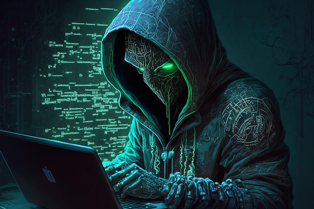Un hacker avec un sweat à capuche et des yeux verts regarde un écran d'ordinateur portable.