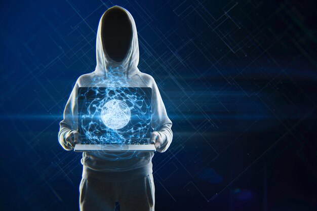 Hacker tenant un ordinateur portable avec une sphère linéaire bleue brillante sur fond flou Réseau de logiciels malveillants de piratage du cyberespace géométrique et concept futur