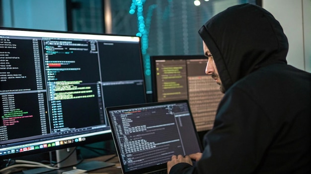 Hacker travaillant sur plusieurs écrans avec du code
