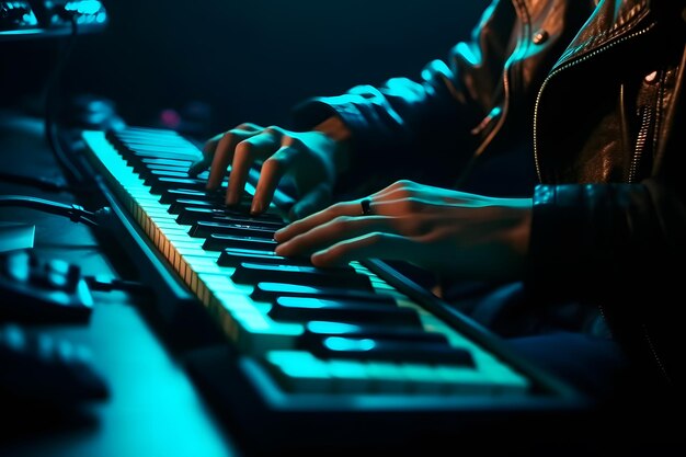 Hacker utilise le clavier secoue les boutons avec les doigts pour casser le mot de passe concept de sécurité Internet cyber-attaque couleur bleu néon réseau de neurones généré par l'IA