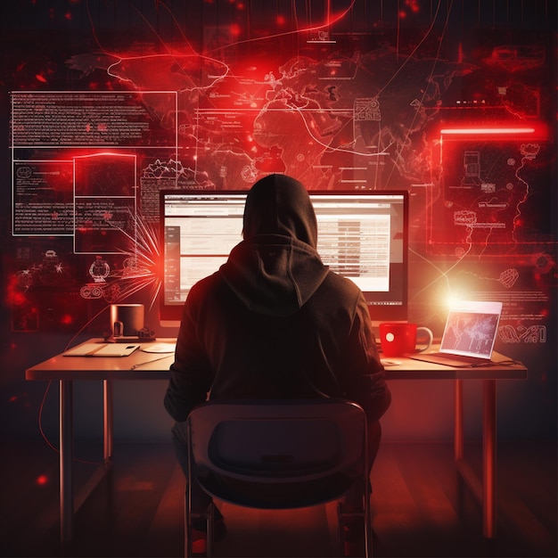 Des hackers recherchés codant des virus ransomware en utilisant des ordinateurs portables et des ordinateurs.