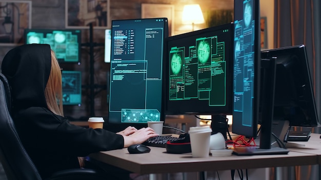 Une hackeuse portant un sweat à capuche pour se couvrir le visage tout en commettant des cybercrimes contre le gouvernement.