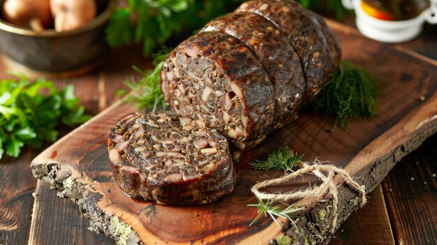 Haggis écossais cuit en tranches ouvertes sur une planche de bois