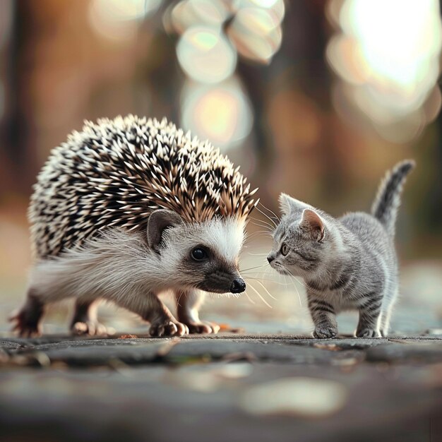 la haie et le chaton marchent sur le sol ensemble