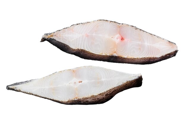 Halibut de poisson frais au steak cru isolé sur fond blanc Vue de haut