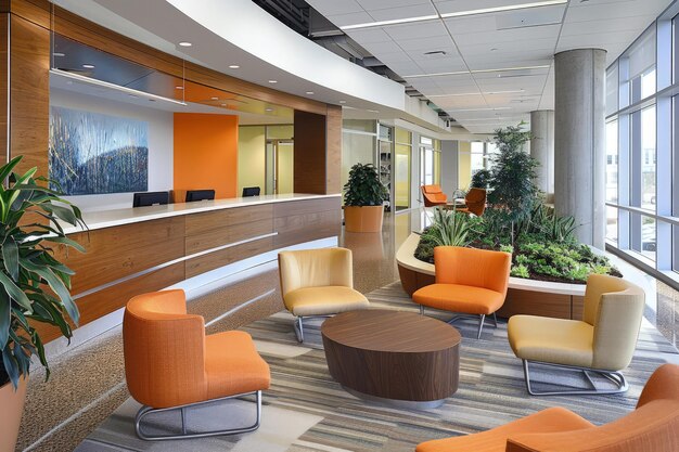 Un hall de bureau avec des chaises orange et jaune