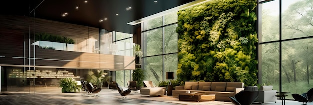 Hall de bureau moderne avec un mobilier élégant, un mur végétal vivant et de la lumière naturelle. IA générative
