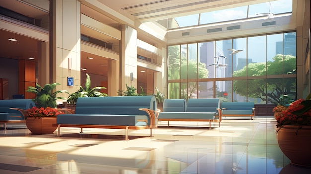 Photo un hall avec un canapé bleu et un panneau disant hôpital