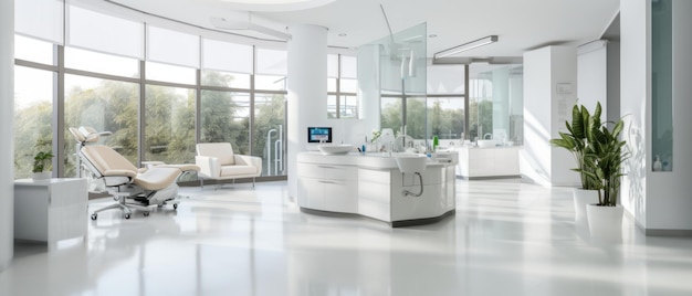 Hall de clinique dentaire moderne et contemporain avec grand verre et mur blanc
