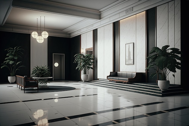 Un hall d'hôtel désert avec un design épuré et un décor minimaliste créé avec une IA générative