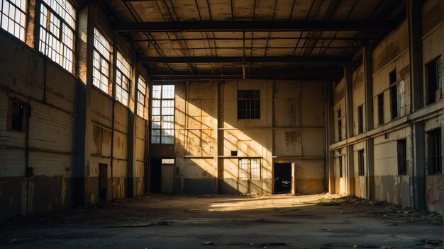 Hall industriel abandonné avec la lumière du soleil
