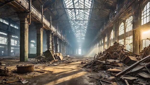 Hall industriel en ruine postapocalyptique avec les débris d'une usine perdue Vieille usine abandonnée