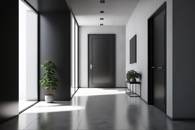 Hall intérieur minimaliste avec porte noire et sol en béton