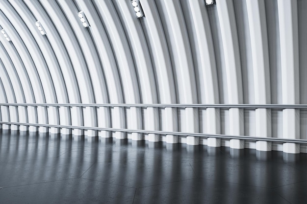 Hall spacieux abstrait avec sol en béton gris foncé vide avec espace pour la présentation d'une voiture ou d'un produit sur fond de plafond à lattes arquée illuminé rendu 3D maquette