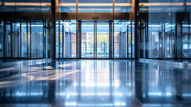 Un hall vide avec des murs et des portes en verre