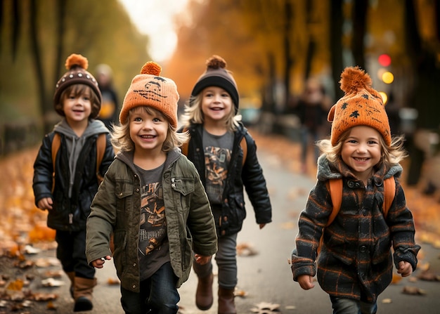 Halloween amusant Les jeunes enfants se préparent joyeusement aux vacances Les petits enfants marchent le long de la route du parc célébrant Halloween et riant