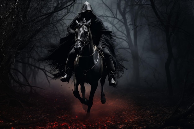 Halloween arrière-plan cavalier noir sur un cheval noir halloween génératif ai