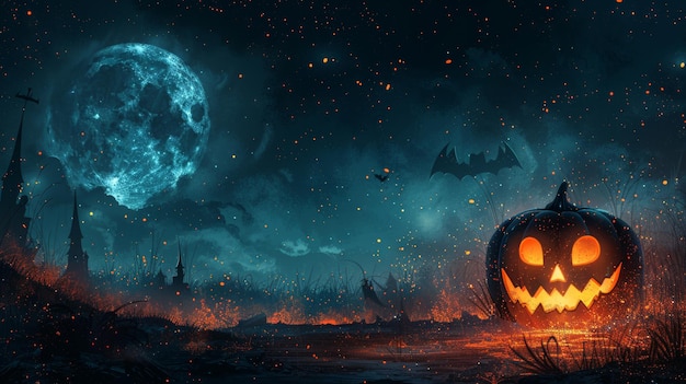 Halloween à l'automne une citrouille noire brillante sur un fond de pleine lune illustration moderne