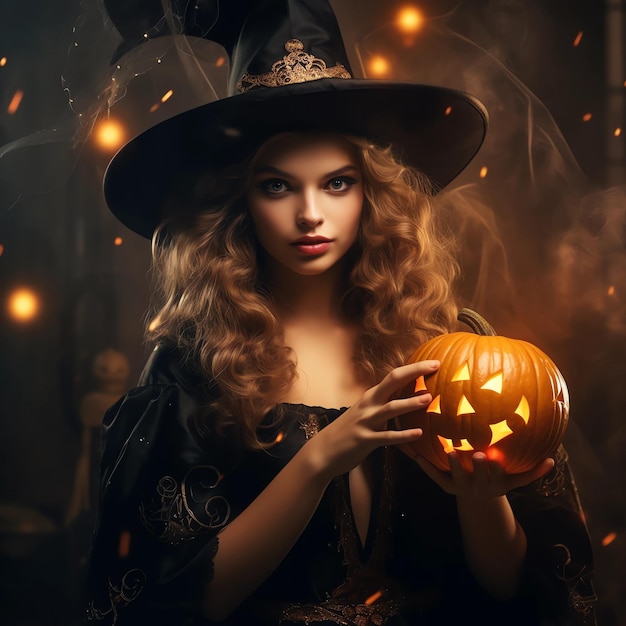 Halloween Belle jeune femme surprise en chapeau et costume de sorcière tenant une citrouille Wide Halloween