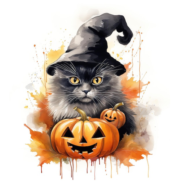 Halloween Black Cat porte un chapeau de sorcière aquarelle