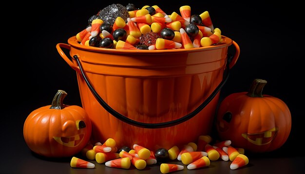 Halloween avec des bonbons dans le seau de bonbons d'Halloween dans le style de la photographie de table