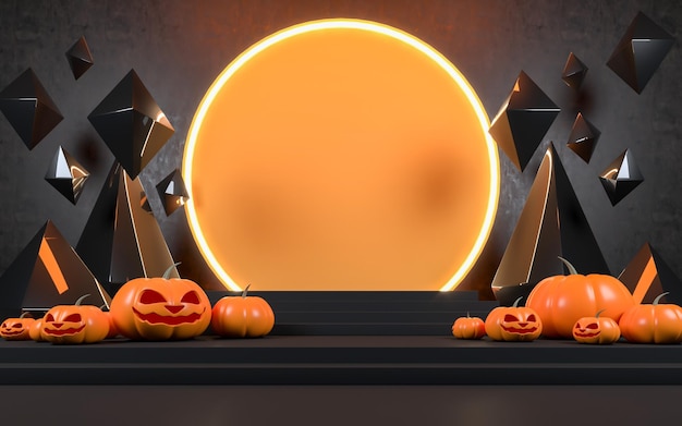 Photo halloween avec citrouille et piédestal de scène minimal vide, arrière-plan d'affichage du produit, rendu 3d