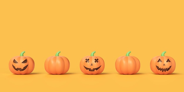 Photo halloween des citrouilles orange réalistes en 3d avec un sourire joyeux et effrayant sculpté isolé sur un fond orange.