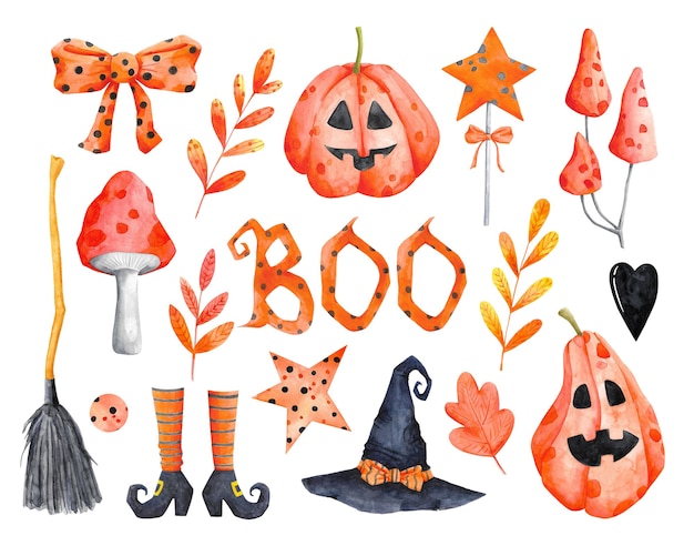 Halloween clip art set isolé sur blanc aquarelle citrouille champignon vénéneux feuilles de balai illustrations