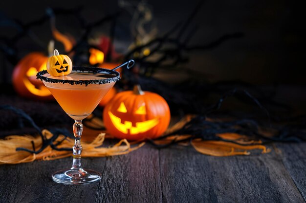 Photo halloween ou cocktail d'automne pumpkintini avec martini de citrouille à bord noir